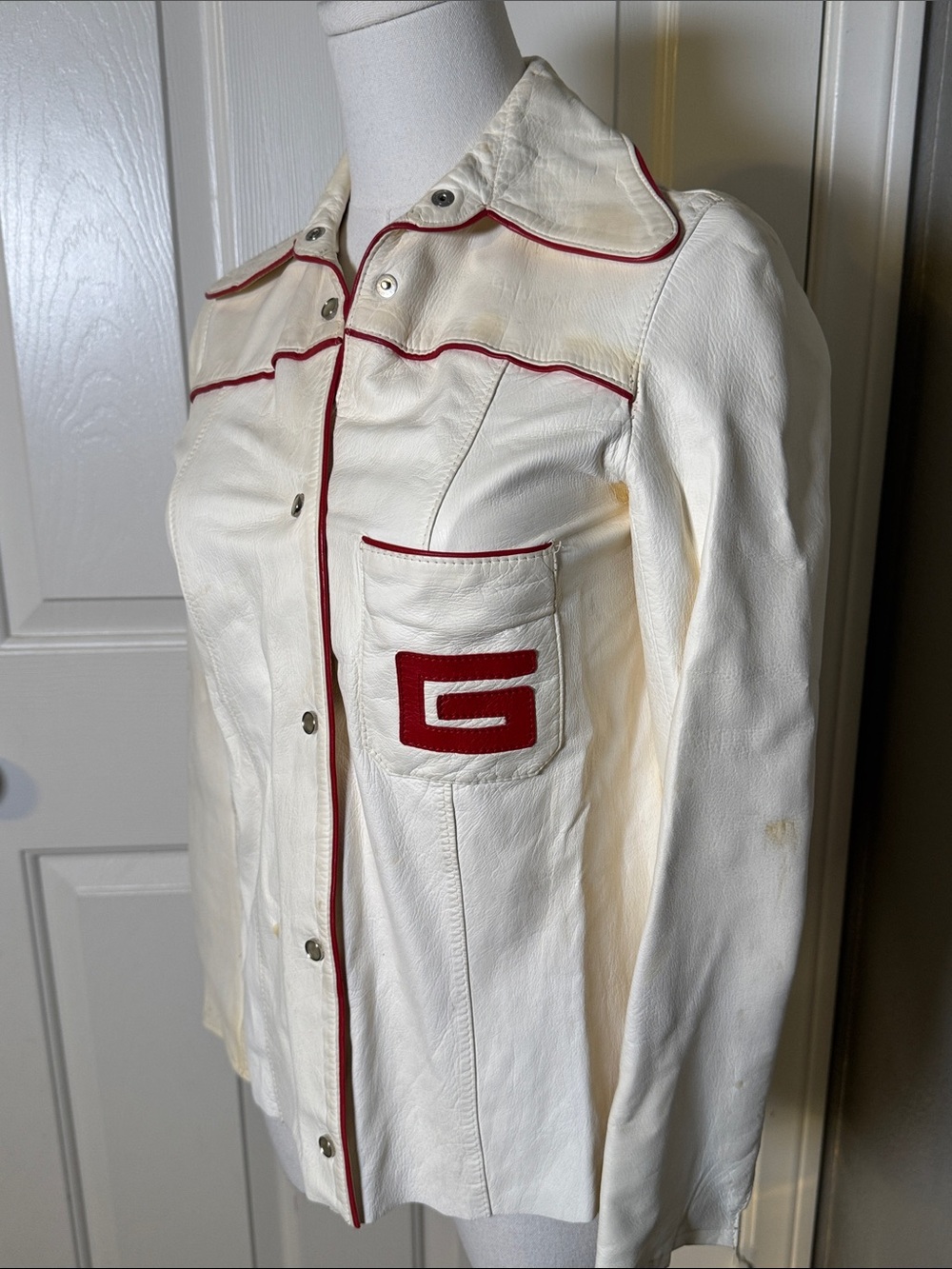 Vintage Button-Down Leather Shirt with Red Trim and Pocket 'G'